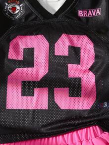 SHEIN Playful Pals 2pcs Baby Girl Cute Summer Black Pink Football Jersey Number 23 Print T-Shirt & Puffy Bubble Tutu Skirt Set,Vacation Cheerleader Sporty Outfit Clothes - Multicolor - View 4