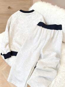 Resyla 两件套女士撞色滚边圆领插肩袖休闲上衣和抽绳裤套装 - 灰色 - 查看 2