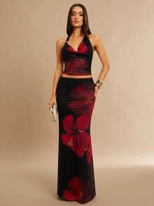 Silquee This Two-Piece Set Features A Red Digital Floral Print Knitted Stretch Mesh Top With A Fitted, Droopy Neckline And Metallic Embellishments, A Backless Design, And A Fishtail Skirt. - Black - View 8