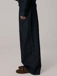 MUSERA 低腰纽扣腰部细节褶裥阔腿牛仔裤套装，仅限牛仔裤，休闲可爱，秋冬舒适居家休闲，Coco Cloud - 藏蓝色 - 查看 3