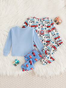 Cozy Pixies Bộ đồ ngủ 4 món ôm sát cho bé trai/bé gái sơ sinh, áo len cổ tròn dài tay mềm mại họa tiết ô tô hoạt hình và quần dài cạp chun - Nhiều màu - Xem 2