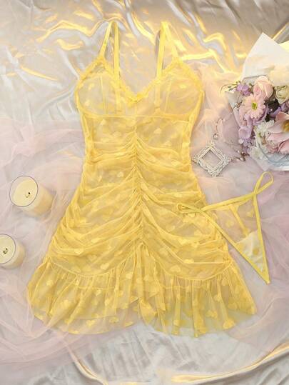 2 件网眼拼布荷叶边下摆透明心形提花深 V 褶皱提臀迷人曲线纯真性感连衣裙 + 丁字裤内衣套装，加大码