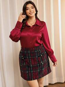 Elaquor Plus Size Long Sleeve Button-Front Solid Shirt & Plaid Midi Skirt 2-Piece Set,Christmas/Winter Red - Red - View 6