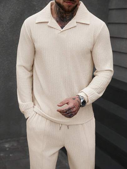 Manfinity CasualCool 2pcs Men Casual Solid Color Long Sleeve Polo Shirt And Pants Co-Ord Set Mens Knitted Set Cream Outfit Men Men 2 Piece Suit Set Long Sleeve