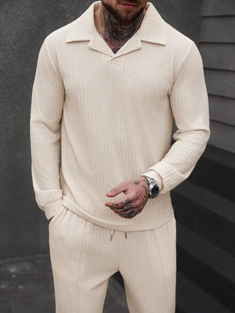 Manfinity CasualCool 男士休闲纯色长袖 Polo 衫和裤子两件套 - 米色 - 查看 1
