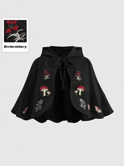 Fairycore Plus Size Women's Dark Mushroom Graphic Embroidered Hooded Poncho Top, Witchy Mysterious Vibe