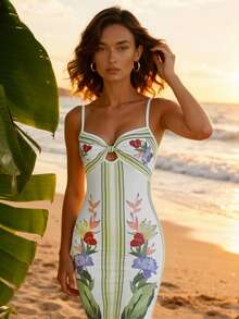 CAJUNI 女士休闲度假花卉和香蕉叶印花吊带背心腰中长连衣裙，适合约会 - 杏色 - 查看 1