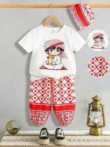 SHEIN Festival 2pcs/Set Young Boy Graphic Print T-Shirt And Geometric Pattern Pants With Hat, White Round Neck Boy Portrait Print Pants