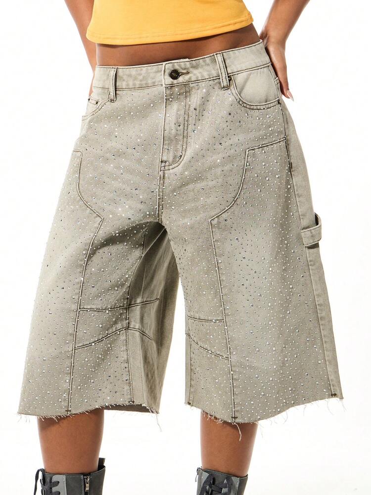 SUMWON WOMEN Rhinestone Wide Leg Denim Carpenter Jorts