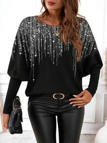EMERY ROSE Casual Minimalist Glitter Party Faux Sequin Women Long Sleeve T-Shirt, Suitable For Autumn/Winter,Sparkly Top , Glitter Top ,Elegant Women's Blouses,Party,Imitation Glitter,Graphic Tees - Multicolor - View 6