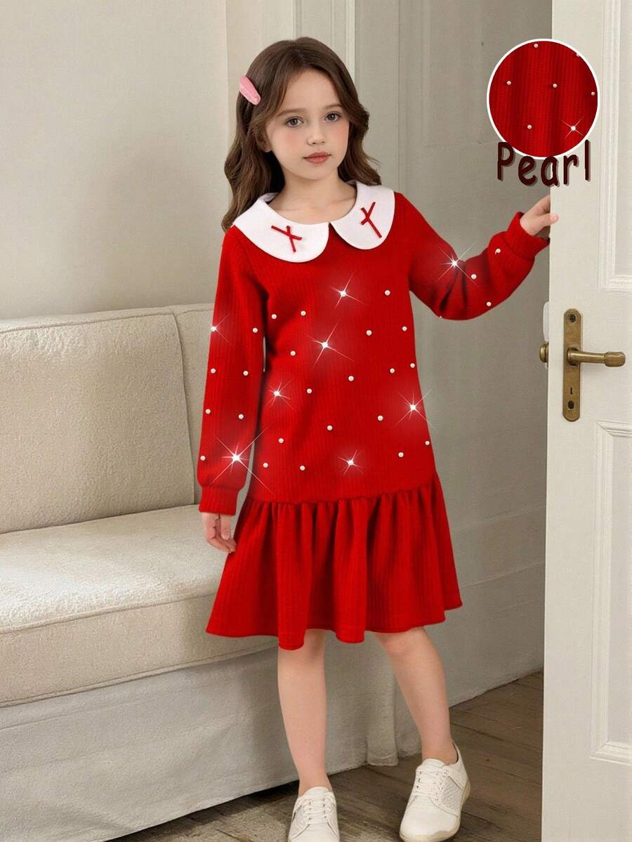 Kleine Mädchen Frühling/Herbst Rückkehr zur Schule Lässig Mode Neues rotes Strickkleid, rote Schleife 3D Akzent, weißer Peter-Pan-Kragen, perlenbesetztes Ärmeldesign, Waffelpatch-Saum, Langarmkleid, geeignet für Kleine Mädchen Rückkehr zur Schule, Alltag, Urlaub, Weihnachtsparty