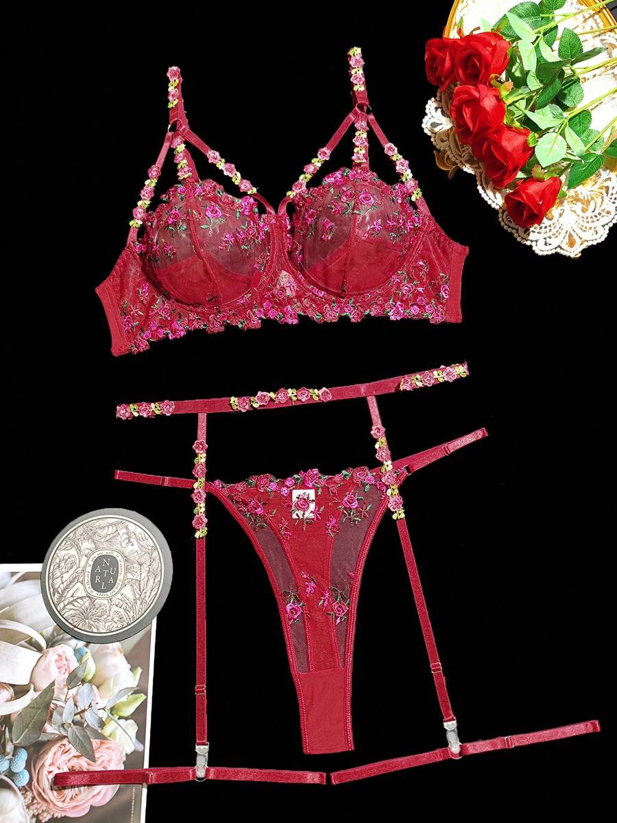 SHEIN Plus Floral Embroidery Mesh Underwire Garter Lingerie Set - Burgundy - View 1