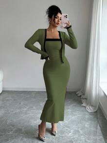SHEIN Elenzya Bộ 2 chiếc áo khoác cardigan dài tay phối màu thanh lịch dành cho nữ và váy liền thân, thích hợp cho tiệc tùng, họp mặt gia đình, Giáng sinh, Halloween, ngày lễ tình nhân, năm mới, đi làm và mặc thường ngày, mùa thu/đông - xanh quân đội - Xem 8