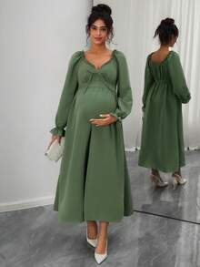 SHEIN V-Neck Long Sleeve Ruffle Trim Tie Front Maternity Dress - Apricot - View 6