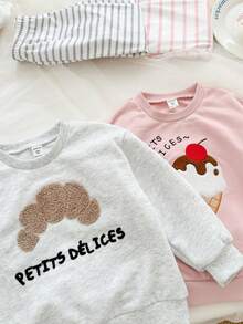 Genkimix Kids Set de 2 piezas/4 piezas Sudadera holgada con bordado de helado de dibujos animados coreanos lindos + Leggings ajustados a rayas, combinación de rosa y gris, uso versátil diario para otoño para niña joven - Rosa - Ver 4
