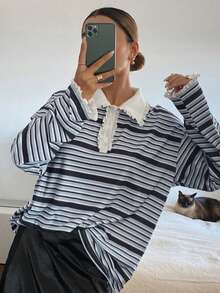 Livesso 女士高领荷叶边条纹T恤，秋冬长袖 - 藍色 - 查看 7