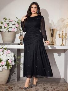 Modelyn 大码女式闪亮网纱优雅长袖针织派对连衣裙，饰有亮片 - 黑色 - 查看 3