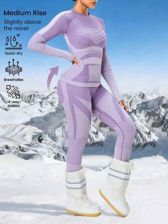 Seamluxe SHEIN Sport 女式拼色圆领插肩袖修身滑雪夹克