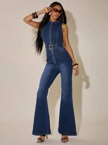 SHEIN BAE Women's Dark Blue Rave Party Bohemian Style Sleeveless Drawstring Denim Jumpsuit, Flared Denim Jumpsuit, Music Festival, Western Girl, Cowboy Girl,Denim Jumpsuit For Going Out, Spring Break Outfits ,Carnival Costume,Female Carnival Costume,Elegant Party Jumpsuit,Spring Break Outfits,Spring Outfit Women, - Medium Wash - View 5