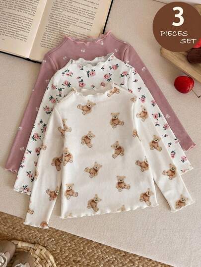 LMoss Kids Conjunto informal de 3 piezas con parte superior con cuello de volantes, estampado de oso y frutas, para bebé niña