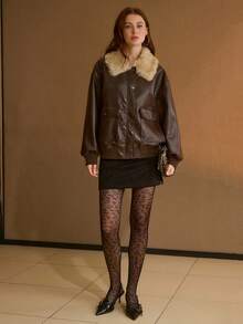 MOTF PREMIUM 女士秋冬PU仿皮宽松撞色毛领外套 - 咖啡棕 - 查看 5