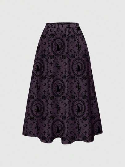 Goth تنورة نسائية أنيقة ذات طراز قديم بنقوش القطط والصليب والوردة في قصر جوتيك