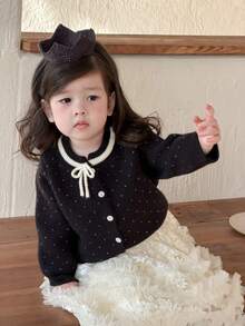 DAZY Baby Girls' Round Neck Polka Dot Bow Tie Cardigan