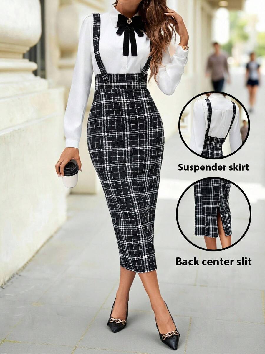 Editum Women's Fashionable & Versatile Back Slit Bodycon Dress (With Shoulder Strap) For Autumn/Winter Winter Outfit For Women Spring Summer Elegant  Formal Black - Black and White - View 1