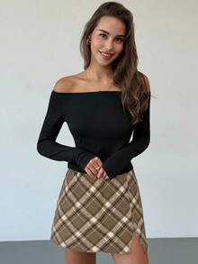 Aloruh Plaid High Waist Asymmetrical Split Casual Skirt For Women - Mocha Brown - View 4