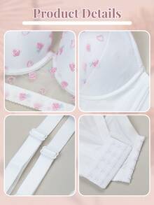 SHEIN 1 Pc Women Mesh Embroidered Underwear, Soft & Comfortable Wide Strap Padded Push-Up Bra With Wire, Kawaii