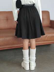 DAZY 少女纯色百褶休闲迷你裙 - 黑色 - 查看 4