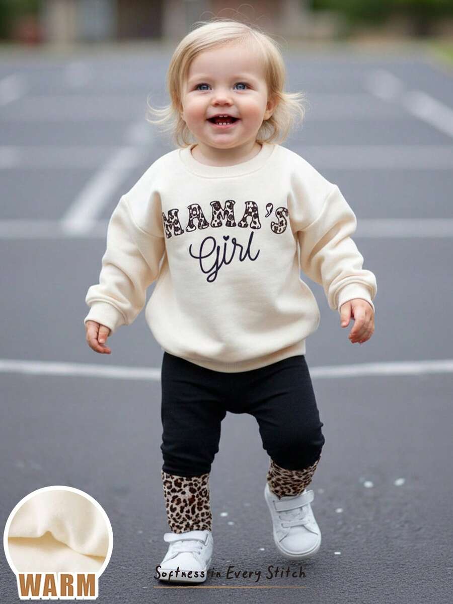 Cozy Pixies Baby Girl White Autumn Cute Matching Family MAMA'S GIRL Leopard Print 2-Piece Set,Thermal Lined Soft Knit Long Sleeve Pullover Sweatshirt&Pants Outfit - Apricot - View 1