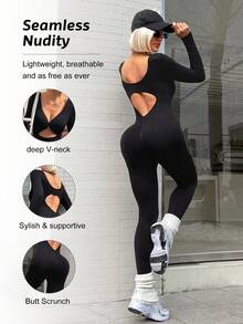 Slayform 女士性感前扭结长袖连体裤，V型露背设计 - 黑色 - 查看 2