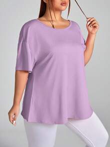 SHEIN Rhythm Era Áo thun thể thao tay ngắn hở lưng màu trơn cỡ lớn - Màu tím hoa cà - Xem 5