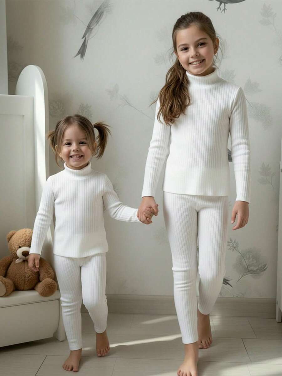 SHEIN 2pcs Tween Girls Solid Color Knit Polo Neck Casual T-Shirt And Leggings Set 2pcs/Set Young Girls Casual White Ribbed Knit T-Shirt And Leggings Set, For Indoor And Outdoor Wear, Autumn/Winter 2pcs Young Girl Solid Color Knit Stand Collar Casual T-Shirt And Pants Set Adorable White Ribbed Knit Turtleneck And Leggings Set For Young Girls /Tween Girl  Soft Comfortable Two Piece Outfit Pajamas, Nightgowns, Daily Use White Outfit For  Tween Girls - White - View 1