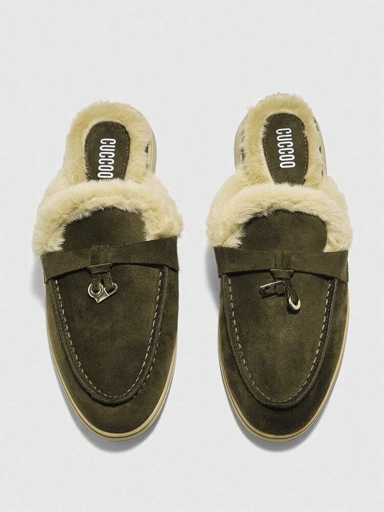 CUCCOO BIZCHIC Women's Fashion Olive Green Suede Comfortable Thick Faux Fur Slip-On Mules, Casual Flat Loafers Suitable For Outdoor, Work, Daily Wear For Christmas