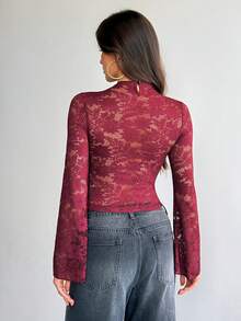 SHEIN Tall Women's Sexy And Elegant Fall Clothes For Women Wine Red Lace Patchwork Slim Fit Hollow Out Long Sleeve Women T-Shirt,Fall Outfits Women,Homecoming Top Women,Burgundy Tops - Burgundy - View 3