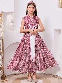 Tween Girl Casual Vacation Spring/Summer Print Contrast Color Belt Patchwork A-Line Sleeveless Dress, Red - Red - View 5