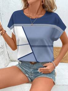 EMERY ROSE Women's Casual Minimalist Geometric Patchwork Loose Short Sleeve Round Neck Shirt, Suitable For Summer Suitable For Going Out Chic Blouses For Women - Multicolor - View 5