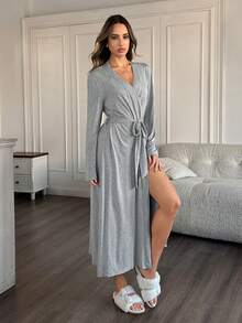 HautHeat Women's Solid Color Crossover Wrap Long Sleeve Comfortable Breathable Robe - Light Grey - View 4