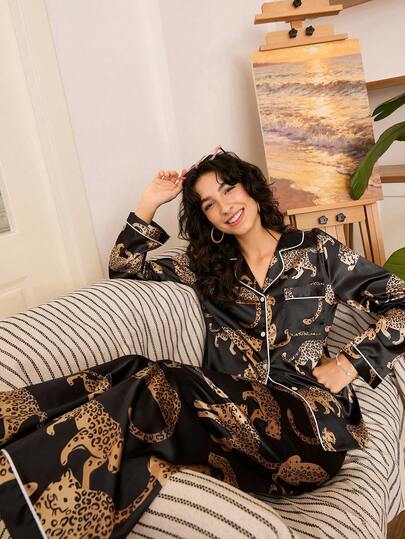 Chillnights Fashionable Casual INS Quality Faux Silk Black Leopard Print Oversized Women Pajama Set Women Silk Pajama Set Silk Pj Set Black Satin Pj Set Silk Sleepwear Western Pj Set Silk Pajamas Animal Print Pajama Set Sleep Wear Women Silk
