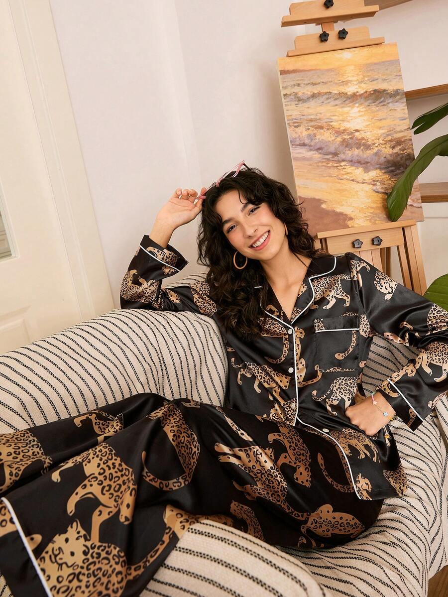 Chillnights Fashionable Casual INS Quality Faux Silk Black Leopard Print Oversized Women PJS Women Silk PJS Silk Pj Set Black Satin Pj Set - Multicolor - View 1