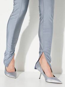 KIZN Quần legging cạp cao xẻ gấu có chi tiết xẻ tà bên hông và lớp phủ bóng cho trang phục thường ngày - Xám - Xem 3