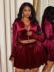 Truni Plus Size Women Velvet Zip-Up Top & Mini Skirt 2 Pieces Set, Casual & Fashionable, For Pear Triangle Body Shape - Red - View 5