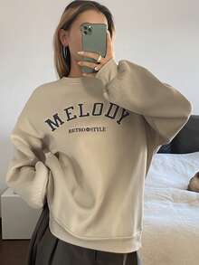 DAZY Women's Autumn/Winter Thermal Lined Crew Neck Loose Pullover Sweatshirt With Letter Embroidery, Casual Urban Street Style