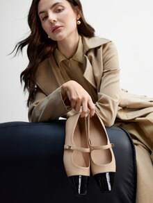 CUCCOO BIZCHIC 女士方头平底玛丽珍鞋，杏色，金属搭扣装饰，舒适套脚平底鞋，适合搭配连衣裙 - 杏色 - 查看 7
