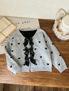 SHEIN LMoss Kids Áo len cardigan chấm bi nơ cho bé gái, dễ thương và đa năng, mùa thu/đông - Màu Xám nhạt - Xem 4