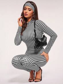 Radiana Women's Houndstooth Printed Casual Unitard Cropped Long Sleeve Zipper Design Stand Collar Jumpsuit - Multicolor - View 6