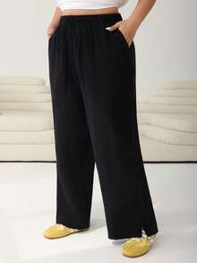 Solflare Plus Size Women's Casual Everyday Commute Simple Versatile 100% Cotton Solid Color Textured Fabric Drawstring Waist Loose Wide Leg Pants - Black - View 3