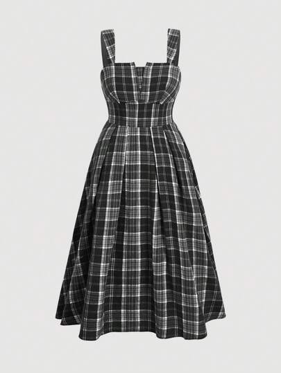 SHEIN MOD 大码女式复古格子连衣裙，秋冬季保暖内衬，可分层穿着